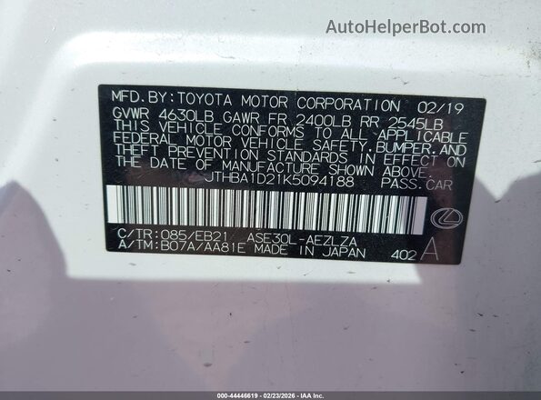 JTHBA1D21K5094188 2019 LEXUS IS 300 White Widok komory silnika
