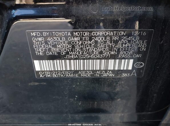 JTHBA1D25H5043771 2017 LEXUS IS 200T Black Vista del compartimento del motor