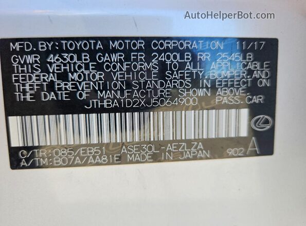 JTHBA1D2XJ5064900 2018 LEXUS IS Белый Вид наклейки с VIN-кодом