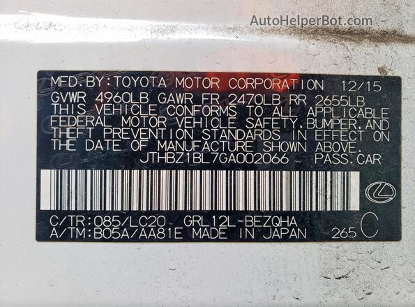 JTHBZ1BL7GA002066 2016 LEXUS GS White Vista de la etiqueta del VIN