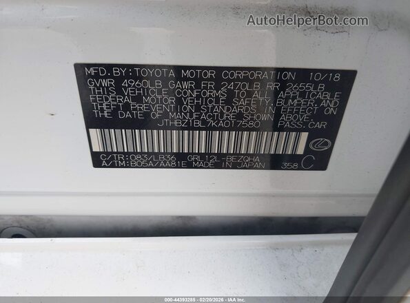 JTHBZ1BL7KA017580 2019 LEXUS GS 350 White ძრავის განყოფილების ხედი