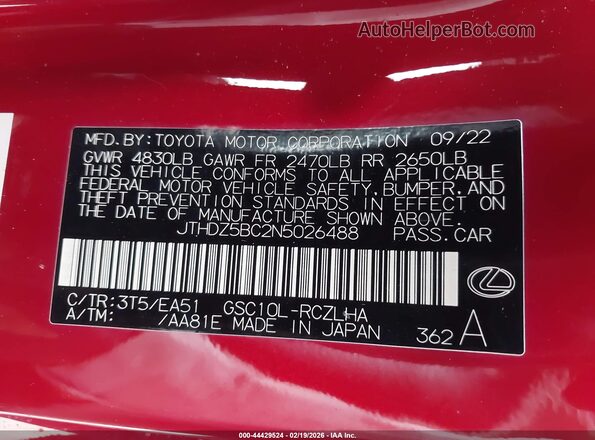 JTHDZ5BC2N5026488 2022 LEXUS RC 350 Red Widok komory silnika