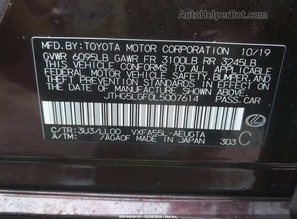 JTHG5LGF0L5007614 2020 LEXUS LS 500 Бордовый Вид подкапотного пространства