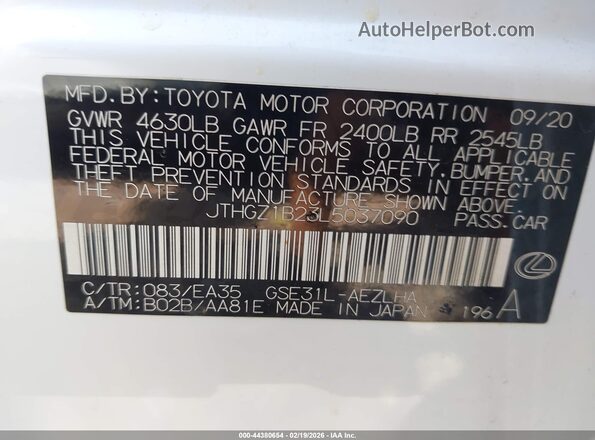 JTHGZ1B23L5037090 2020 LEXUS IS 350 White Widok komory silnika