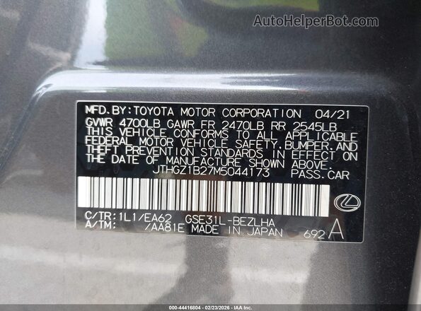 JTHGZ1B27M5044173 2021 LEXUS IS 350 Серый Вид подкапотного пространства