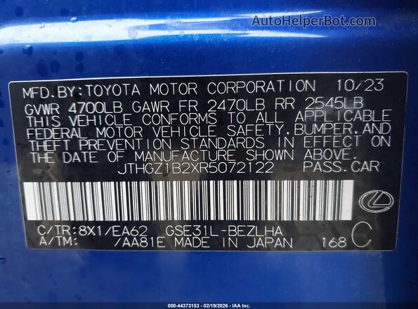 JTHGZ1B2XR5072122 2024 LEXUS IS 350 Синий Вид подкапотного пространства