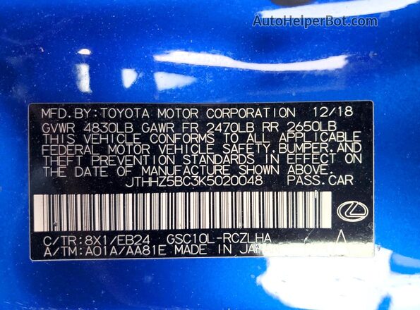 JTHHZ5BC3K5020048 2019 LEXUS RC Синий Вид наклейки с VIN-кодом