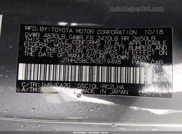 JTHHZ5BC7K5019498 2019 LEXUS RC 350 Серый Вид подкапотного пространства