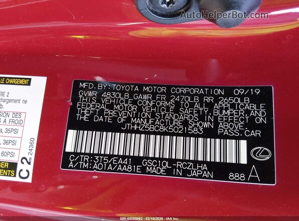 JTHHZ5BC8K5021583 2019 LEXUS RC 350 Красный Вид подкапотного пространства
