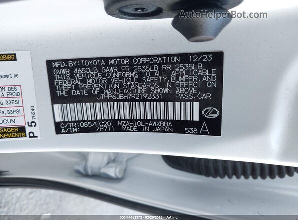 JTHP6JBH7R2192331 2024 LEXUS UX 250H White Widok komory silnika