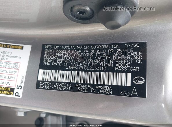 JTHP9JBH0L2033181 2020 LEXUS UX 250H Gray Widok komory silnika
