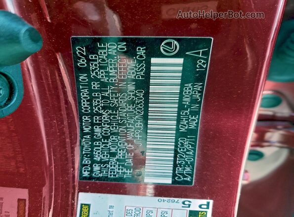 JTHP9JBH7N2063040 2022 LEXUS UX Red Vista de la etiqueta del VIN