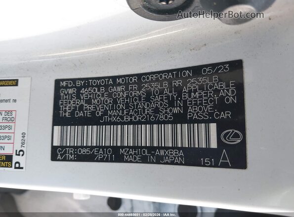 JTHX6JBH0R2167805 2024 LEXUS UX 250H White Widok komory silnika