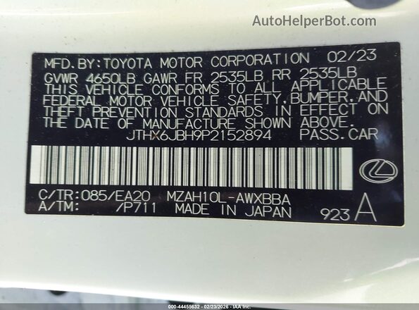 JTHX6JBH9P2152894 2023 LEXUS UX 250H Белый Вид подкапотного пространства