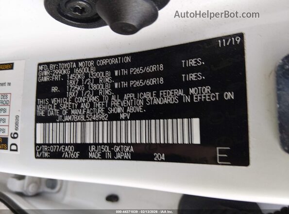 JTJAM7BX8L5248982 2020 LEXUS GX 460 White Widok komory silnika