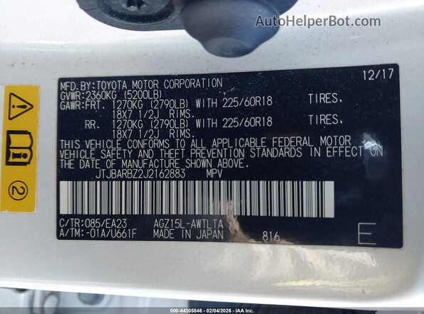 JTJBARBZ2J2162883 2018 LEXUS NX 300 Белый Вид подкапотного пространства