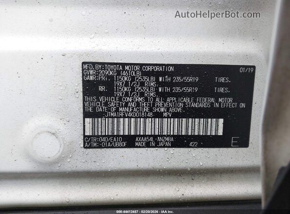 JTMA1RFV4KD018148 2019 TOYOTA LE White Vista del compartimento del motor