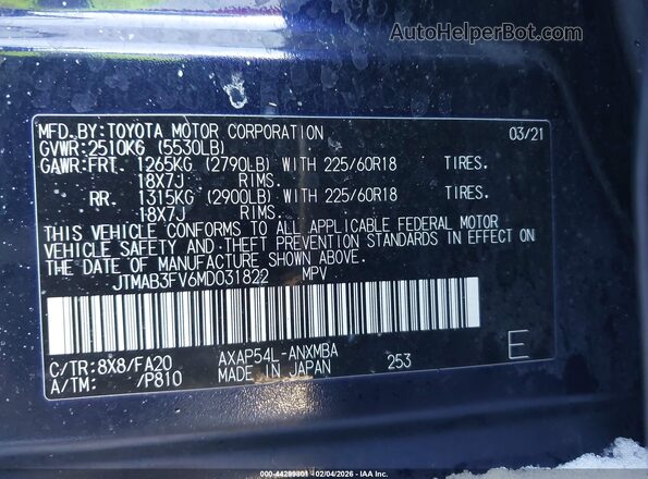 JTMAB3FV6MD031822 2021 TOYOTA RAV4 PRIME Blue Vista del compartimento del motor