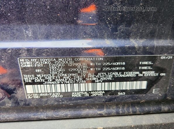 JTMAB3FV7MD017248 2021 TOYOTA RAV4 Синий Вид наклейки с VIN-кодом