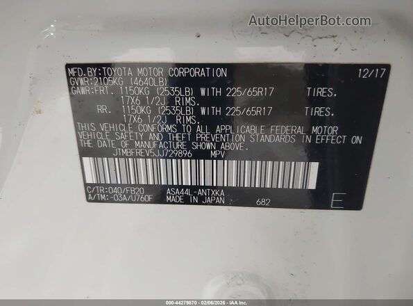 JTMBFREV5JJ729896 2018 TOYOTA LE Белый Вид подкапотного пространства