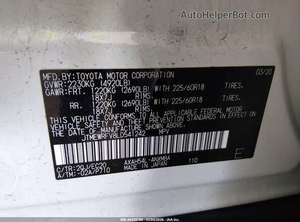 JTMEWRFV8LD541242 2020 TOYOTA RAV4 HYBRID Белый Вид подкапотного пространства