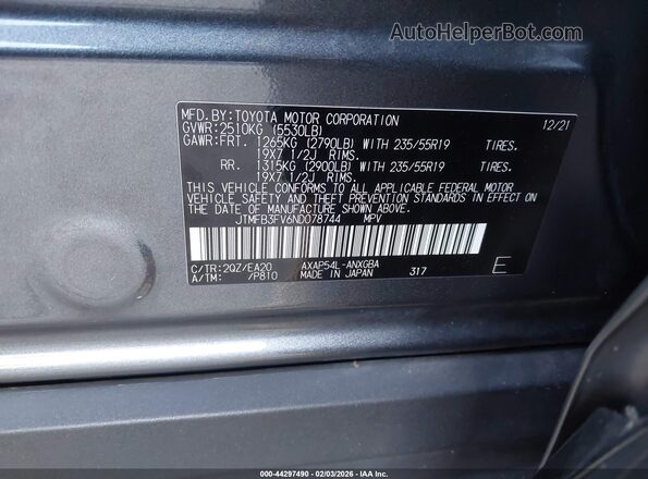 JTMFB3FV6ND078744 2022 TOYOTA RAV4 PRIME Серый Вид подкапотного пространства