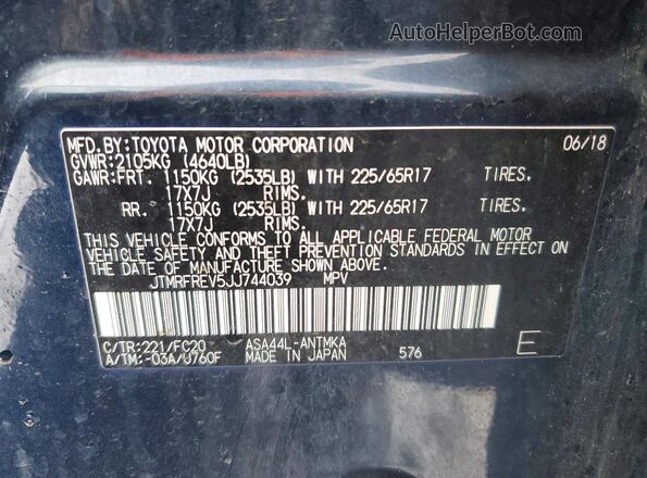 JTMRFREV5JJ744039 2018 TOYOTA RAV4 Blue Widok naklejki z numerem VIN
