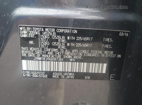 JTMWFREV9GD087384 2016 TOYOTA LE Charcoal Widok naklejki z numerem VIN