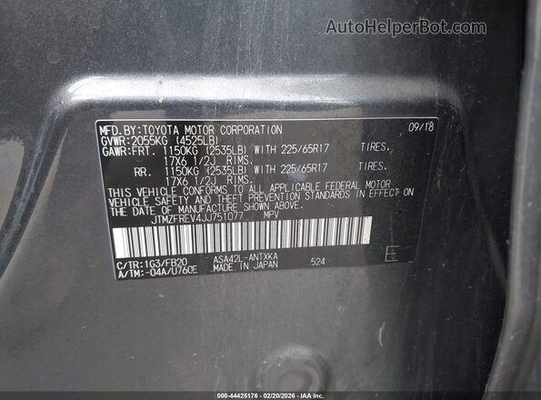 JTMZFREV4JJ751077 2018 TOYOTA LE Gray Vista del compartimento del motor