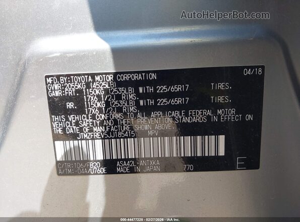 JTMZFREV5JJ185415 2018 TOYOTA LE Silver Vista del compartimento del motor