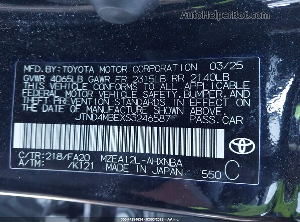 JTND4MBEXS3246587 2025 TOYOTA LL Черный Вид подкапотного пространства