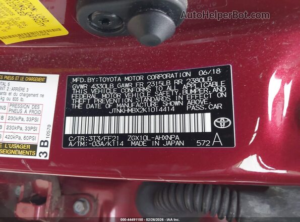JTNKHMBX2K1014414 2019 TOYOTA LE Red Widok komory silnika