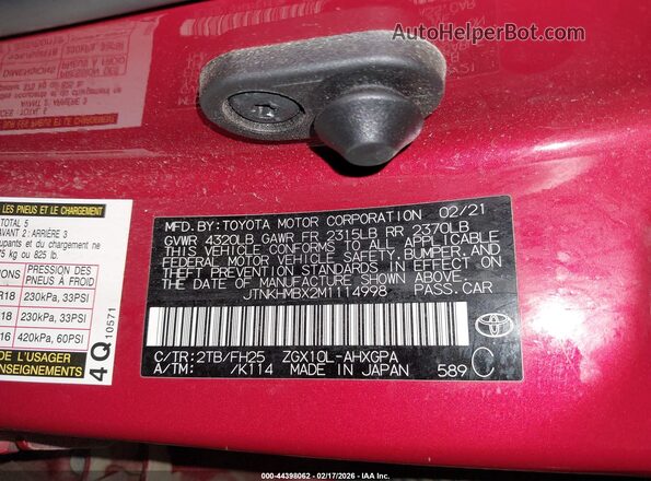 JTNKHMBX2M1114998 2021 TOYOTA C-HR Красный Вид подкапотного пространства