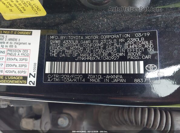 JTNKHMBX7K1040927 2019 TOYOTA LE Black Widok komory silnika
