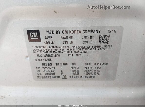 KL4CJ1SB2HB219731 2017 BUICK ENCORE Серебряный Вид подкапотного пространства