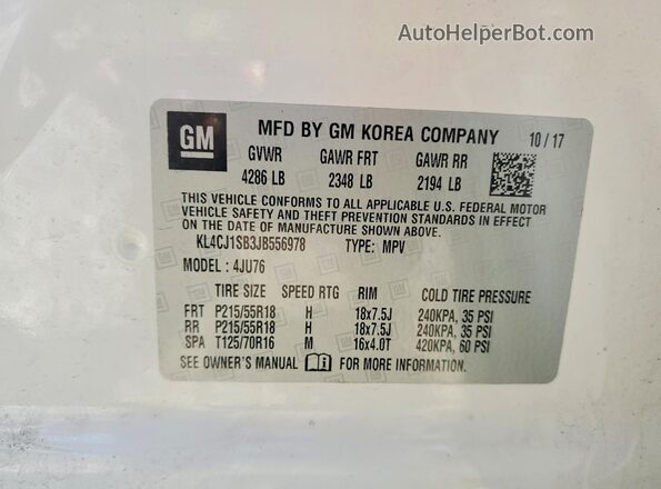 KL4CJ1SB3JB556978 2018 BUICK ENCORE White Вид наклейки з VIN-кодом