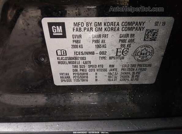 KL4CJ2SB0KB871003 2019 BUICK ENCORE Black Widok komory silnika