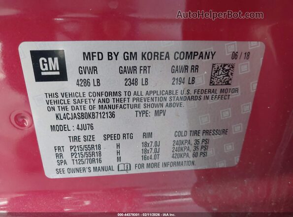 KL4CJASB0KB712136 2019 BUICK ENCORE Red Vista del compartimento del motor
