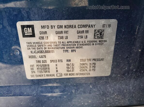 KL4CJASB2LB008151 2020 BUICK ENCORE Синий Вид подкапотного пространства