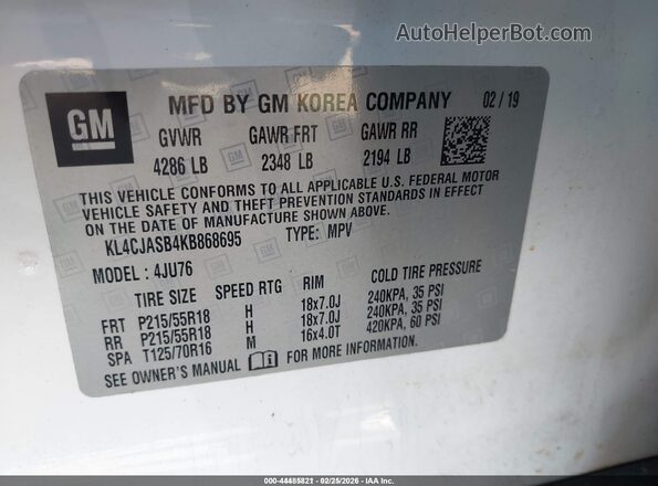 KL4CJASB4KB868695 2019 BUICK ENCORE White Widok komory silnika
