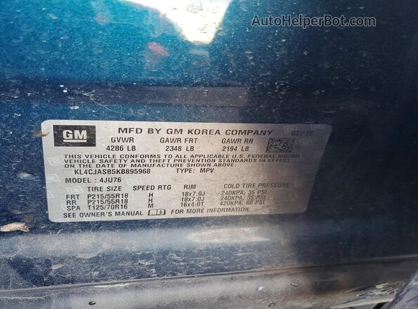 KL4CJASB5KB895968 2019 BUICK ENCORE Teal VIN კოდის სტიკერის ხედი