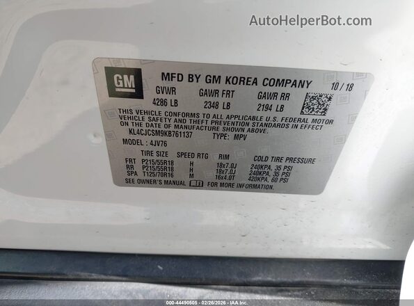 KL4CJCSM9KB761137 2019 BUICK ENCORE Белый Вид подкапотного пространства