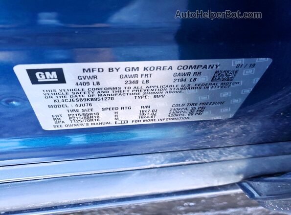 KL4CJESB9KB851270 2019 BUICK ENCORE Blue Widok naklejki z numerem VIN