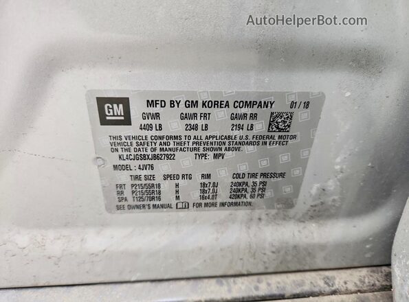KL4CJGSBXJB627922 2018 BUICK ENCORE Silver Vista de la etiqueta del VIN