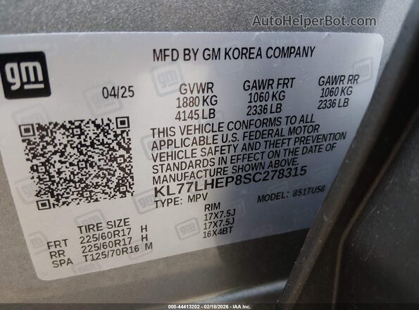 KL77LHEP8SC278315 2025 CHEVROLET TRAX Серый Вид подкапотного пространства