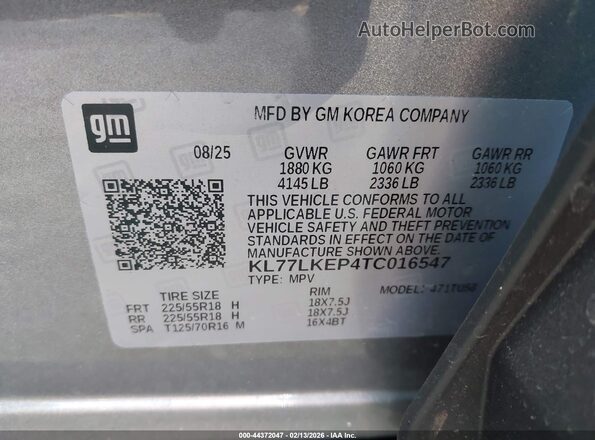 KL77LKEP4TC016547 2026 CHEVROLET TRAX Gray Vista del compartimento del motor