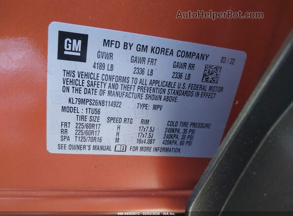 KL79MPS26NB114922 2022 CHEVROLET TRAILBLAZER Оранжевый Вид подкапотного пространства