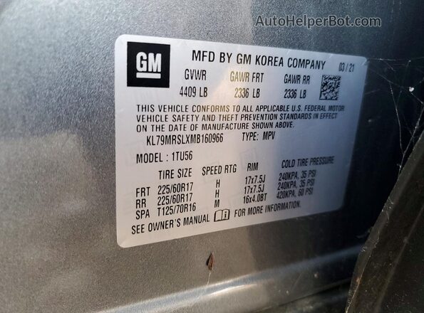 KL79MRSLXMB160966 2021 CHEVROLET TRAILBLAZER Gray Вид наклейки з VIN-кодом