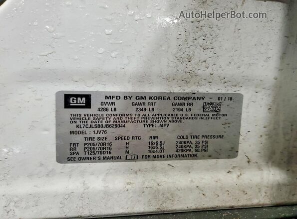 KL7CJLSB0JB629044 2018 CHEVROLET TRAX White Widok naklejki z numerem VIN