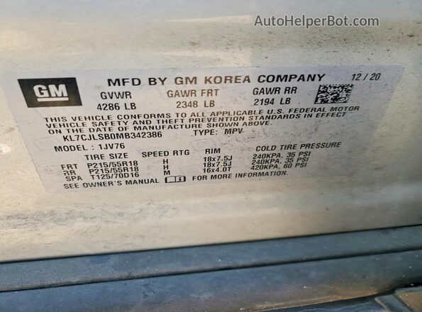 KL7CJLSB0MB342386 2021 CHEVROLET TRAX Серебряный Панорамный вид салона 360°